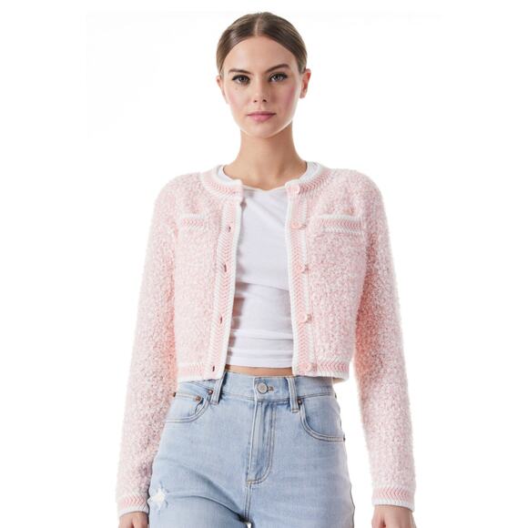 Alice + Olivia Sweaters - Alice + Olivia Noella Cropped Cardigan Medium Pink Boucle Knit Crew Button Front